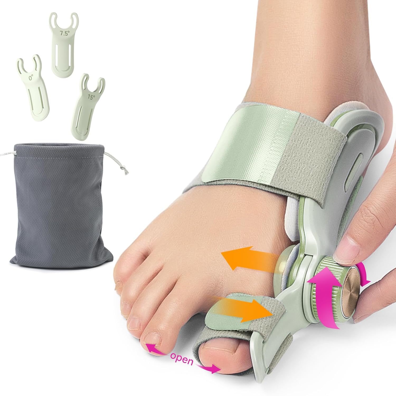 Adjustable Knob Design Bunion Corrector Double Correction for Women and Men, Effective with 3 Different Angle Fixing Plate Comfortable, Portable Storage Bag Included