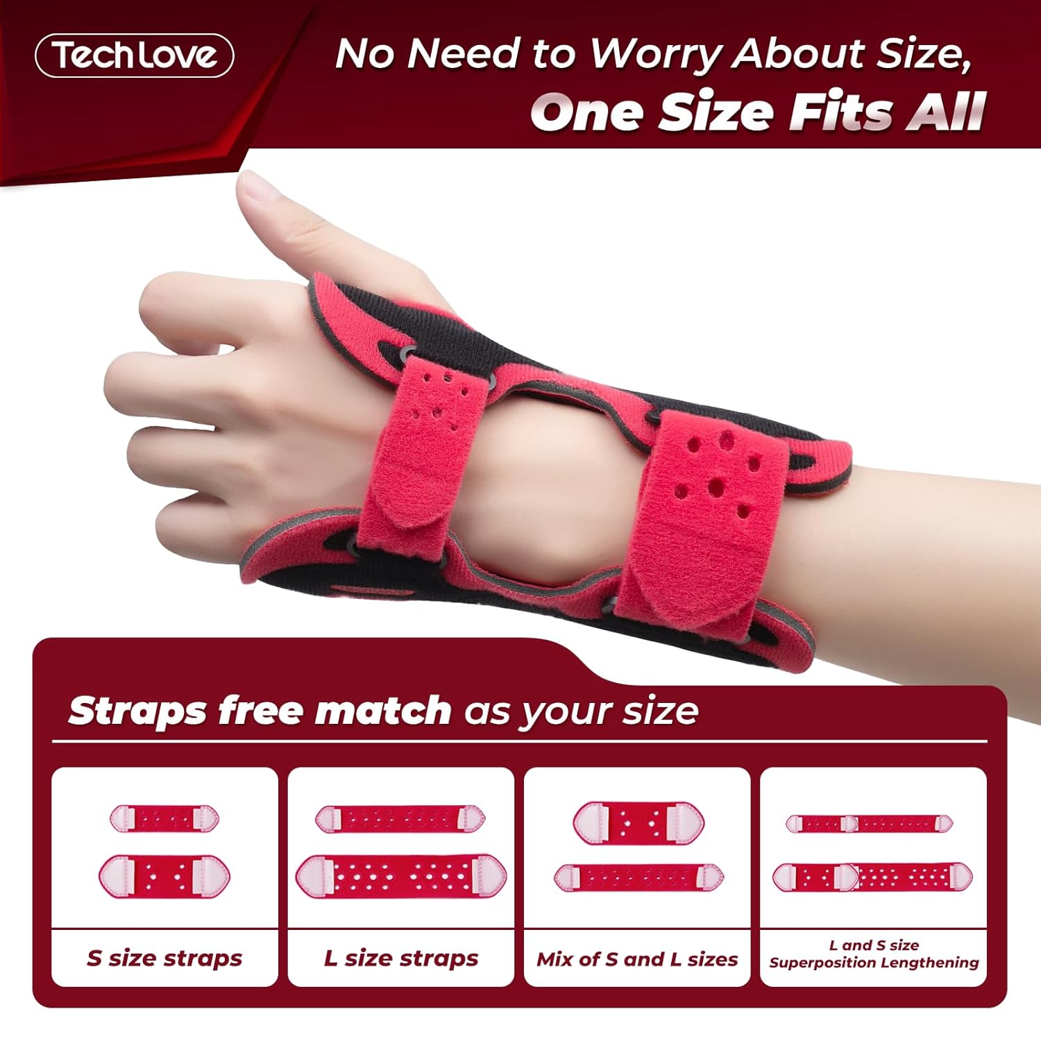 Tech Love Carpal Tunnel Wrist Brace, 3 Adjustable Aluminum Wrist Support Splint, Left and Right Hand Wrist Brace for Sprained Wrist, Arthritis, Tendinitis, for Day and Night Support