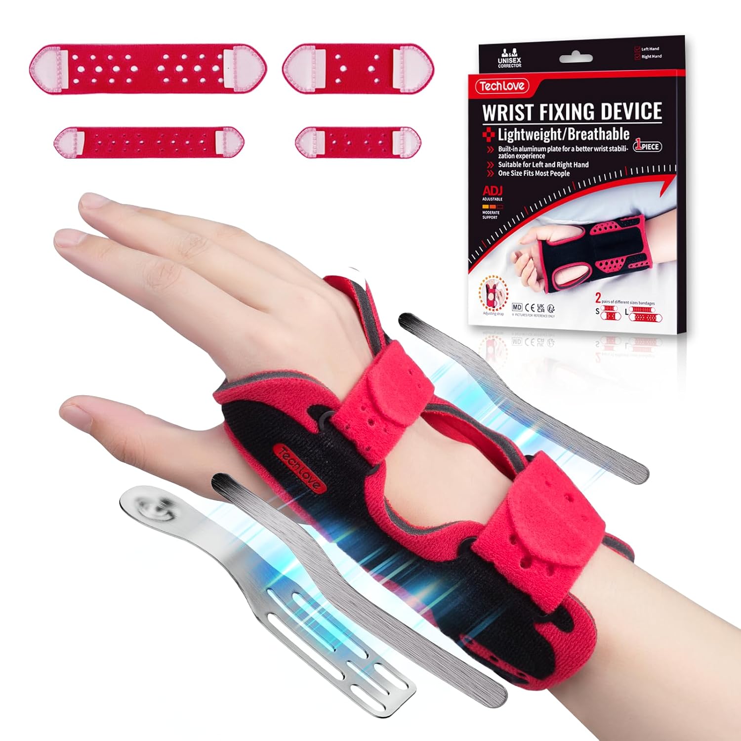 Tech Love Carpal Tunnel Wrist Brace, 3 Adjustable Aluminum Wrist Support Splint, Left and Right Hand Wrist Brace for Sprained Wrist, Arthritis, Tendinitis, for Day and Night Support