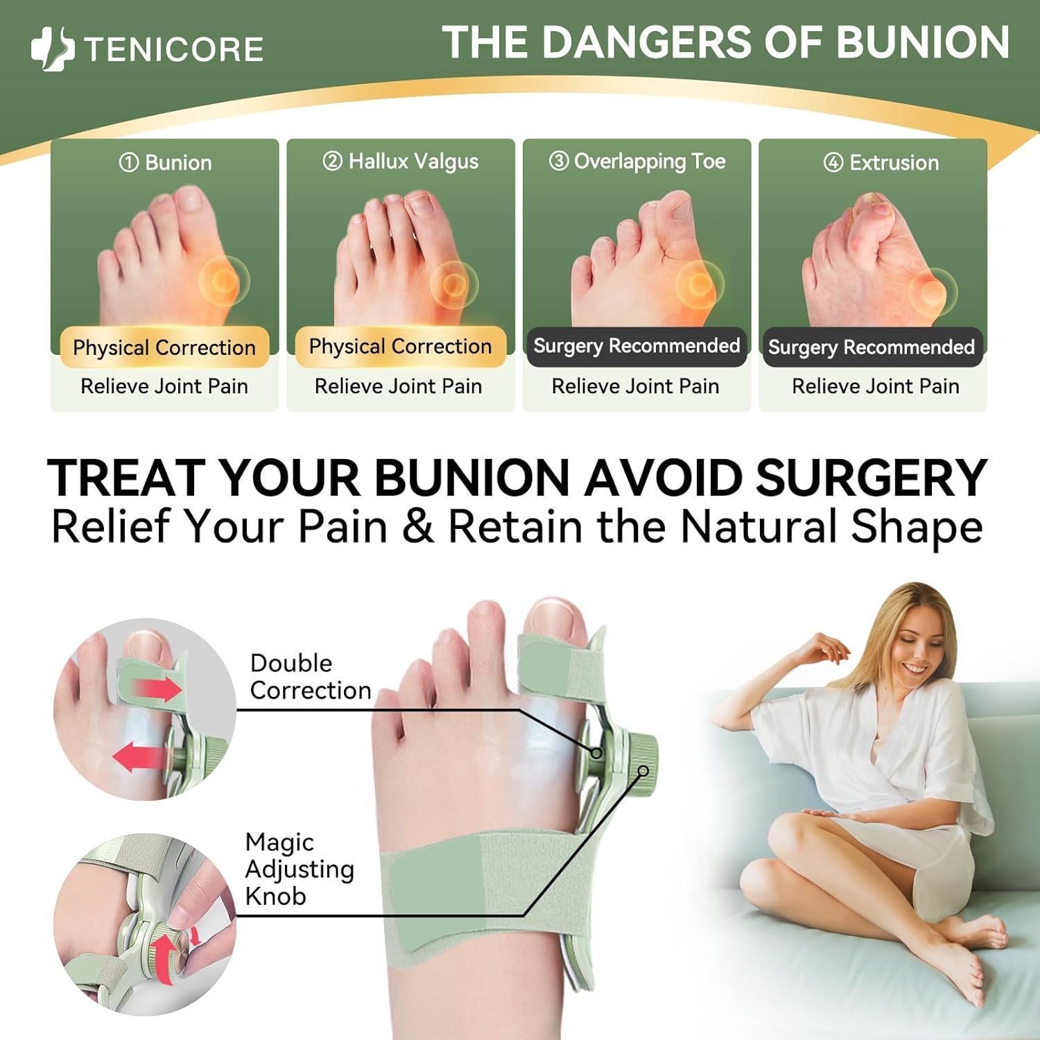 Adjustable Knob Design Bunion Corrector Double Correction for Women and Men, Effective with 3 Different Angle Fixing Plate Comfortable, Portable Storage Bag Included