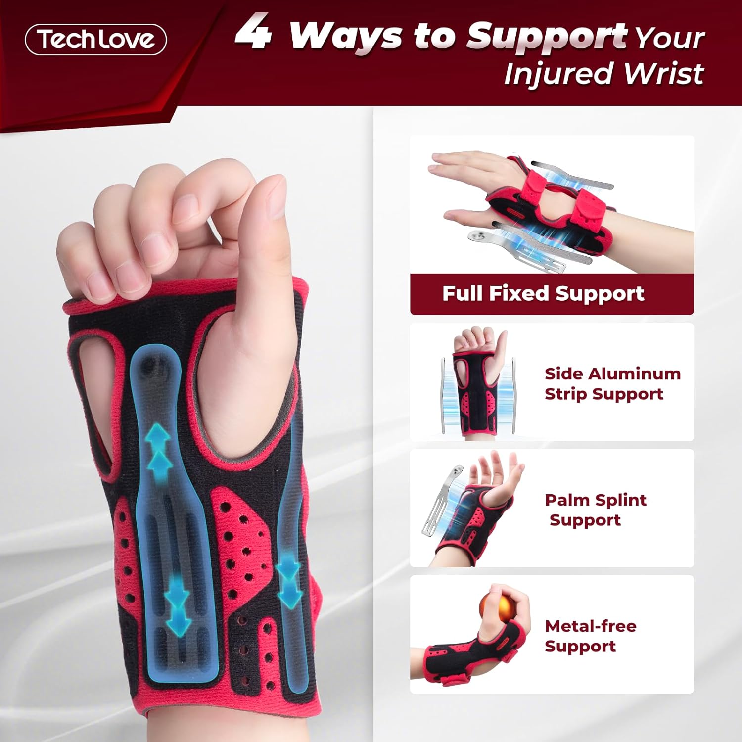 Tech Love Carpal Tunnel Wrist Brace, 3 Adjustable Aluminum Wrist Support Splint, Left and Right Hand Wrist Brace for Sprained Wrist, Arthritis, Tendinitis, for Day and Night Support