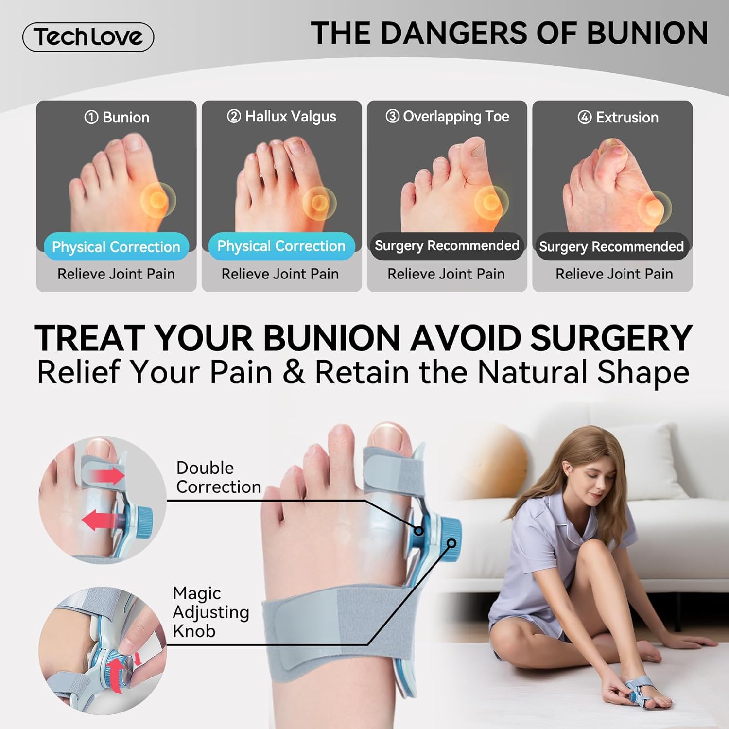 Tech Love Bunion Corrector for Women & Men Comfortable, Effective Double Correction Adjustable Knob Orthopedic for Big Toe Relief Bunion Splints Hammer Toe Straightener with Silicone Pad, 1PCS